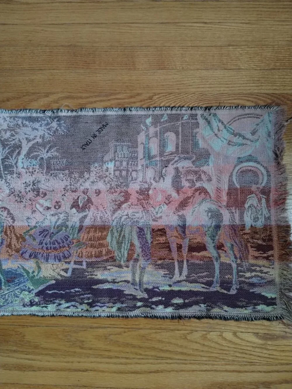 VTG Italian Wall Hanging Wide Tapestry Depicting Town Square Socializing & Party